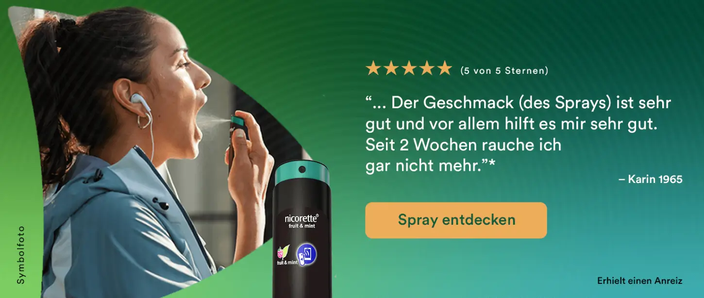 Kundenstimme: “Der Geschmack des Sprays ist sehr gut und vor allem hilft es mir sehr gut. Seit 2 Wochen rauche ich gar nicht mehr.”